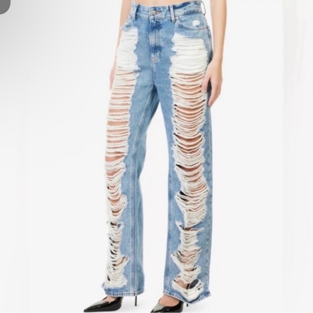 Good American Light Blue Extreme Distressed Straight-Leg Jeans